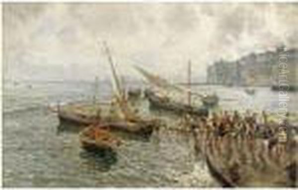 Pescatori A Mergellina Oil Painting by Attilio Pratella