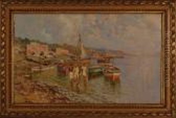 Marina Con Barche Di Pescatori Oil Painting by Attilio Pratella