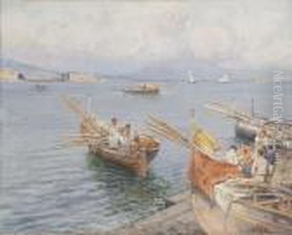 Napoli, Barche E Pescatori Nel Golfo Oil Painting by Attilio Pratella