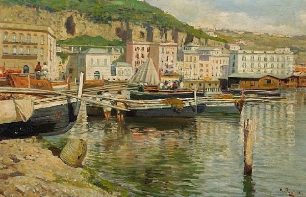 Fishing Boats In A Harbor by Attilio Pratella