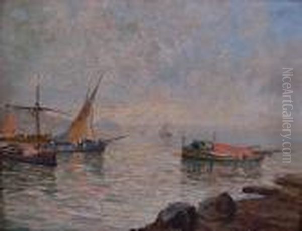 Marina Con Barche, Sullo Sfondo Il Golfo Di Napoli Oil Painting by Attilio Pratella