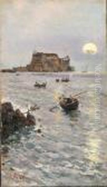 Veduta Notturna Di Castel Dell'ovo Oil Painting by Attilio Pratella