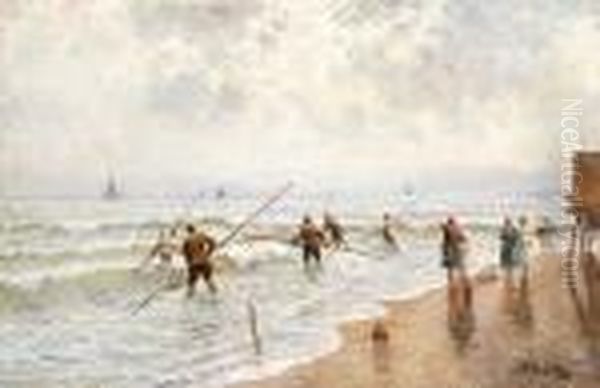 Napoli, Pescatori Di Telline Sul Lungomare Oil Painting by Attilio Pratella