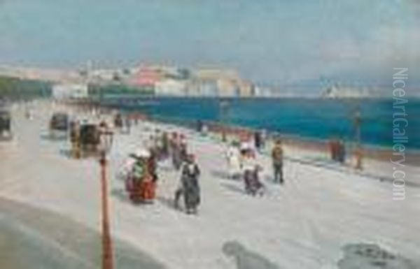 Promenade In Naples With A View Of Vesuvius Oil Painting by Attilio Pratella