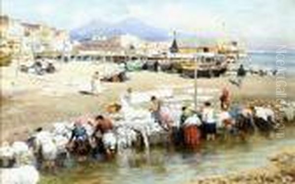 Napoli, Lavandaie E Pescatori A Riva Oil Painting by Attilio Pratella