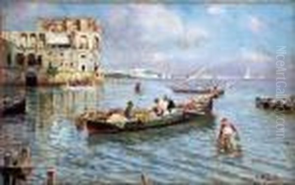 Marina Con Pescatori A Palazzo Donn'anna Oil Painting by Attilio Pratella