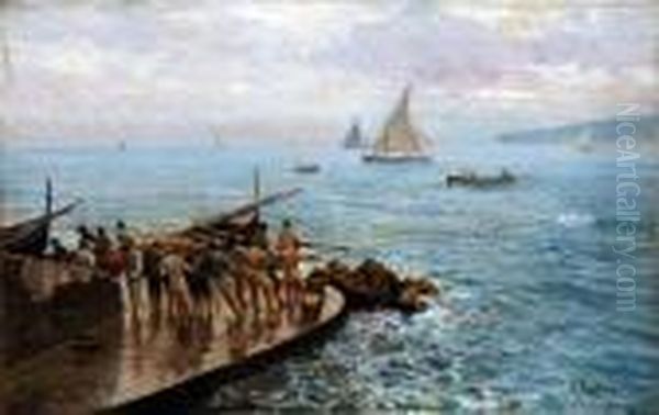 Pescatori Sulla Banchina Oil Painting by Attilio Pratella