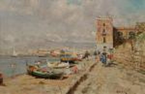 Barche E Personaggi Sul Lungomare Oil Painting by Attilio Pratella