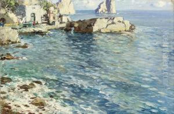 A Cottage On The Capri Coast Near I Faraglioni Oil Painting by Attilio Pratella