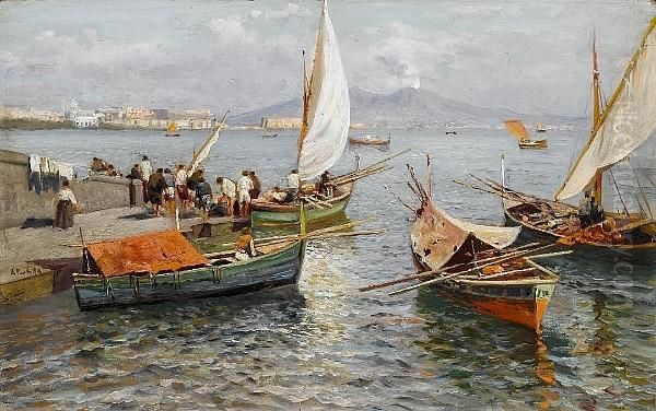 Pescatori A Mergellina Oil Painting by Attilio Pratella