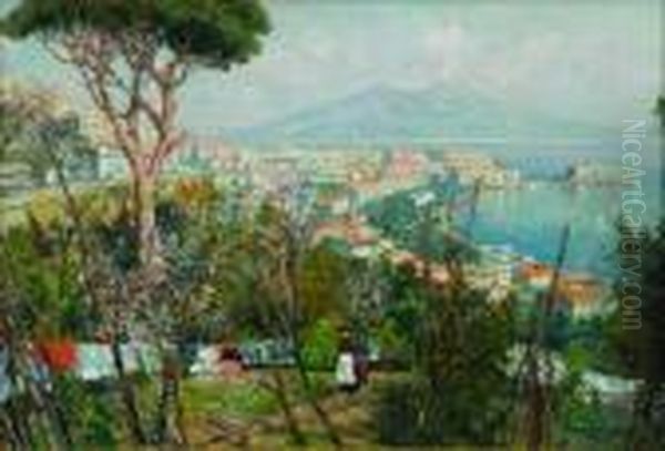 Panni Stesi Al Vomero Con Vista Del Vesuvio Oil Painting by Attilio Pratella