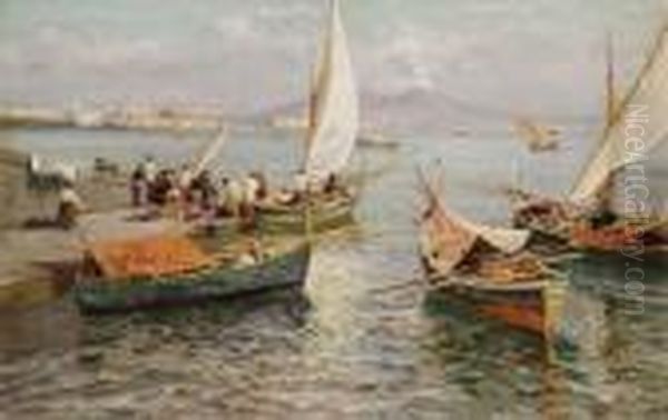 Napoli, Pescatori A Mergellina Oil Painting by Attilio Pratella