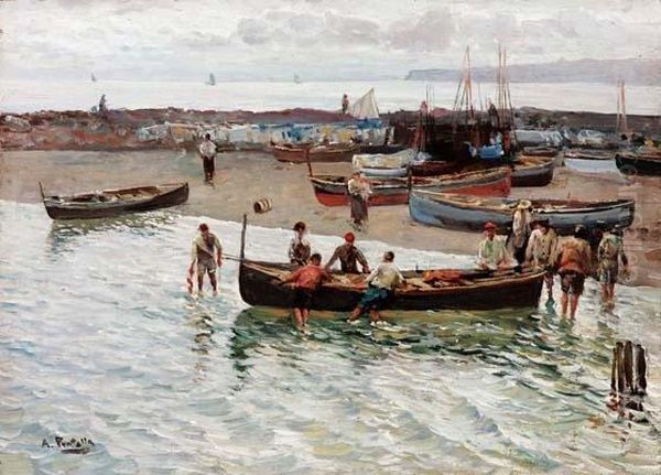 Pescatori A Mergellina Oil Painting by Attilio Pratella