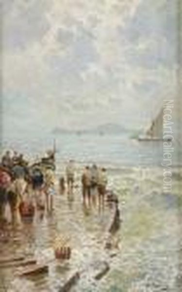 Pescatori In Via Caracciolo (napoli) Oil Painting by Attilio Pratella