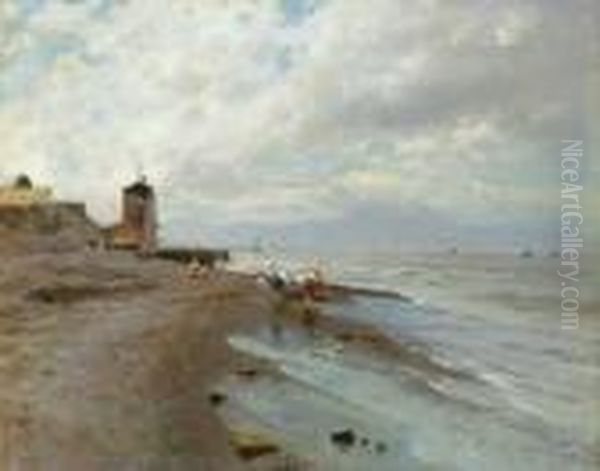 Junge Fischer Am Strand Bei
 Portici In Der Bucht Von Neapel.

 Signiert Unten Links: A. Pratella. Oil Painting by Attilio Pratella