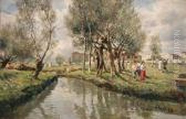 Lavandaie Al Fiume Oil Painting by Attilio Pratella