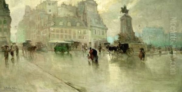 Place Animee Sous La Pluie, Paris Oil Painting by Attilio Pratella