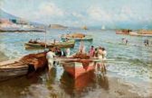 Napoli, Pescatori Sulla Riva Oil Painting by Attilio Pratella