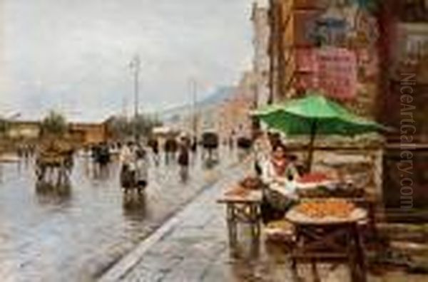 Napoli, La Via Del Mercato Oil Painting by Attilio Pratella