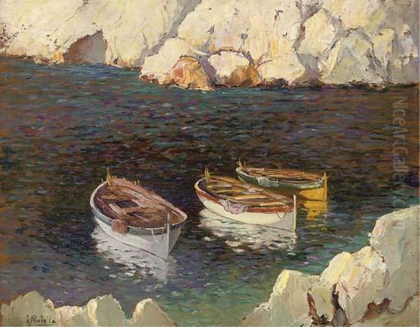 Boats Moored In A Tranquil Inlet Oil Painting by Attilio Pratella