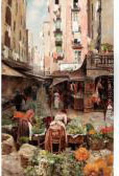 Market Scene Oil Painting by Attilio Pratella