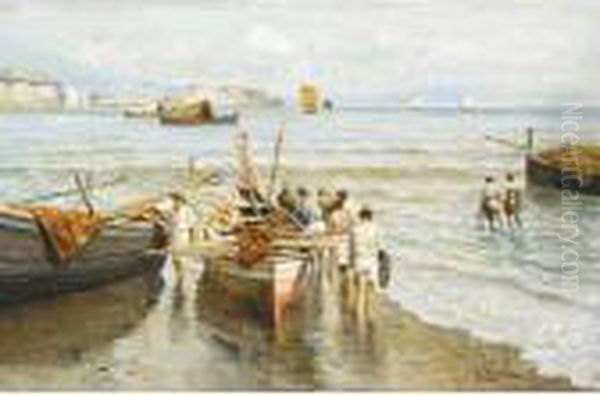 Marina Con Pescatori Oil Painting by Attilio Pratella