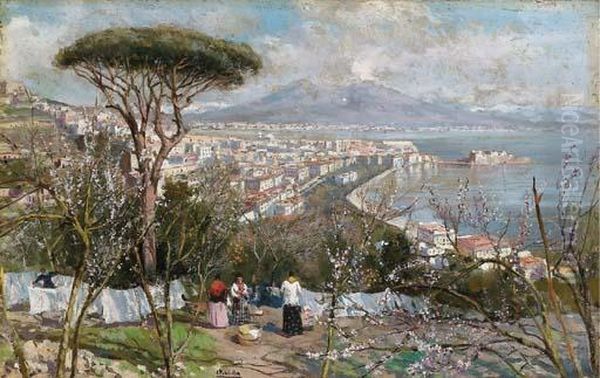 Golfo Di Napoli Con Lavandaie Oil Painting by Attilio Pratella