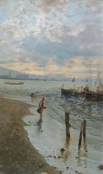 I Pescatori: Fisherfolk On The Beach Oil Painting by Attilio Pratella