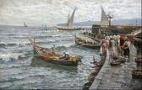 Il Ritorno Dalla Pesca A Via Caracciolo Oil Painting by Attilio Pratella