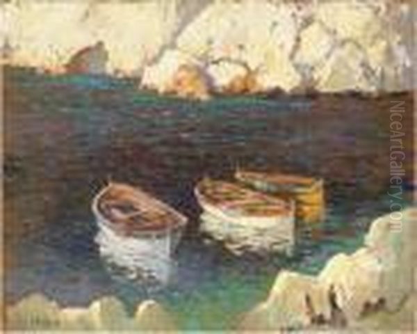 Three Fishing Boats Moored In A Rocky Alcove Oil Painting by Attilio Pratella