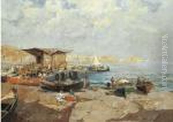 Napoli, Barche E Pescatori Al Molo Oil Painting by Attilio Pratella