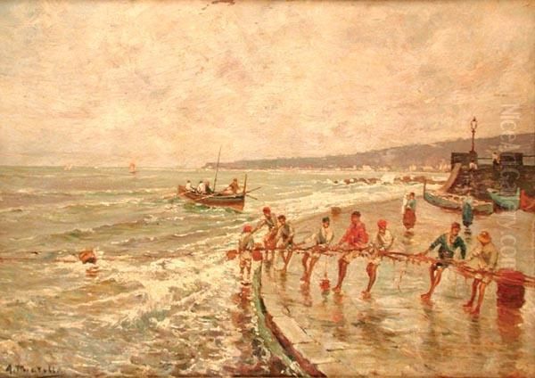 Marina Di
Napoli Con Pescatori Alla Rete Oil Painting by Attilio Pratella