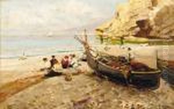 Fishermen On The Beach, Capri Oil Painting by Attilio Pratella