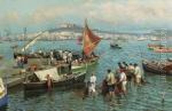 A Bustling Port Oil Painting by Attilio Pratella