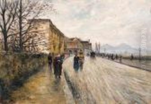 A Bustling Avenue Oil Painting by Attilio Pratella