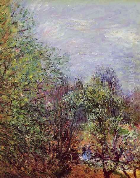 Two Women Walking along the riverbank Oil Painting by Alfred Sisley