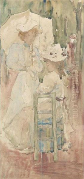 Two Women In A Park: A Double-sided Watercolor Oil Painting by Maurice Brazil Prendergast