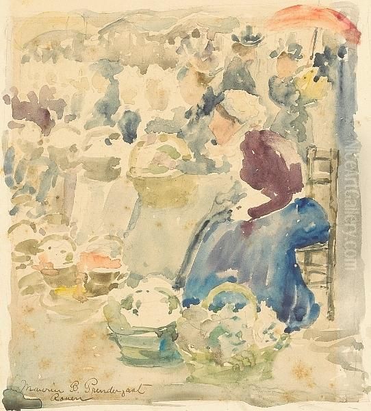 Women With Baskets At A Market In Rouen, France Oil Painting by Maurice Brazil Prendergast