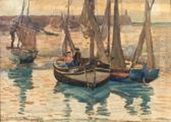 Small Fishing Boats, Trport, France Oil Painting by Maurice Brazil Prendergast