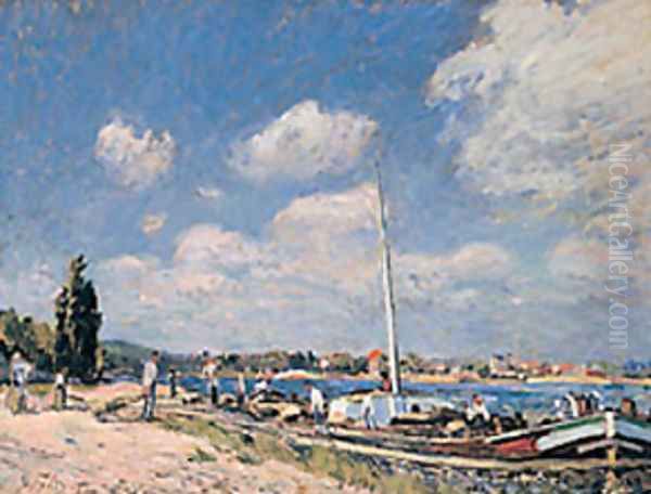 Unloading the Barges at Billancourt Oil Painting by Alfred Sisley