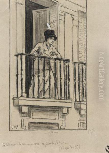 Femme Au Chapeau Au Balcon Oil Painting by Rene Xavier Francois Prinet