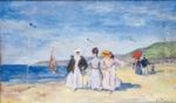 Plage Animee A Trouville Oil Painting by Rene Xavier Francois Prinet