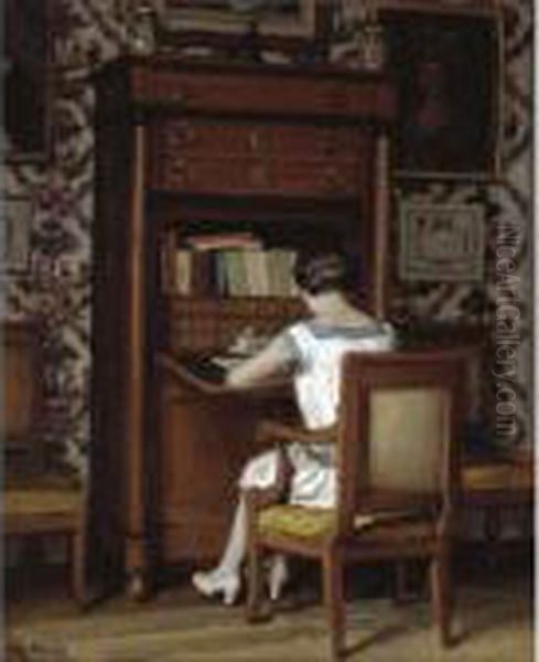 Femme A Son Secretaire Oil Painting by Rene Xavier Francois Prinet