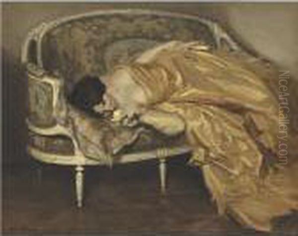 Elegant Lady On A Sofa Oil Painting by Rene Xavier Francois Prinet