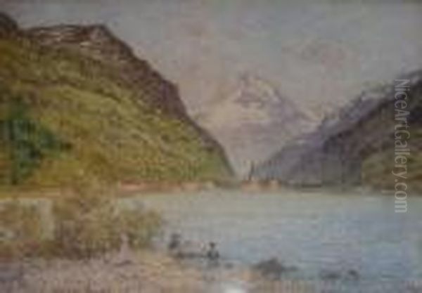 Pecheurs Devant Le Lac De Flulen Oil Painting by Pierre Ernest Prins