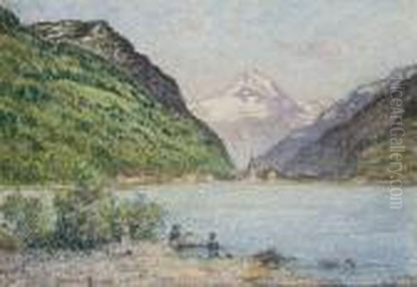 Pecheurs Devant Le Lac De Fluelen, Des Montagnes A L'arriere-plan Oil Painting by Pierre Ernest Prins