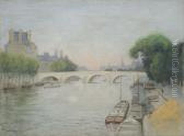 Vue Du Pont Royal Et Du Palais Du Louvre, Des Peniches Sur La Seine Au Premier Plan Oil Painting by Pierre Ernest Prins