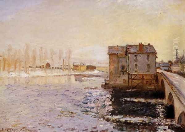 The Moret Bridge and Mills under Snow Oil Painting by Alfred Sisley