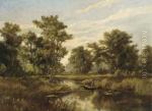 An Angler On A Quiet Stretch Of The River Oil Painting by Pierre Ernest Prins