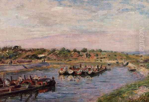 Idle Barges on the Loing Canal at Saint-Mammes Oil Painting by Alfred Sisley